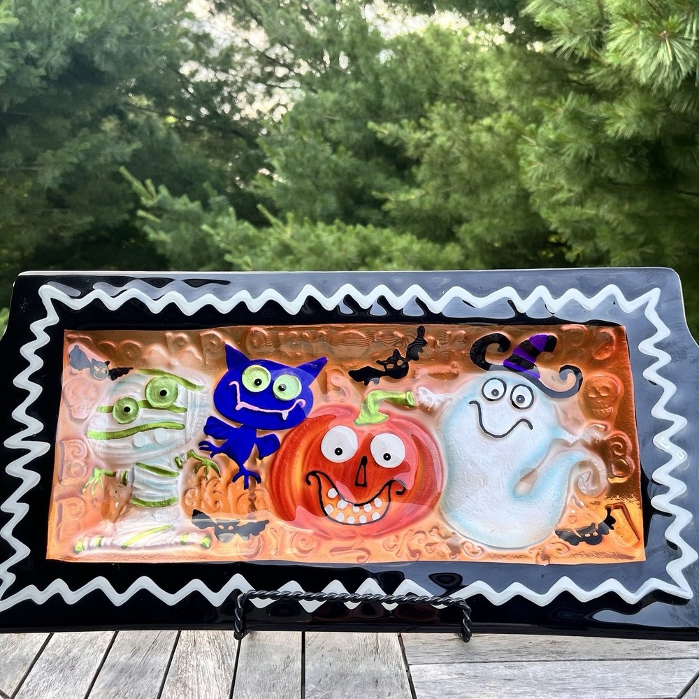 Halloween Fused Glass Tray Platter 20" x 9" Ghost Jack‎ O'Lantern Mummy Transpac